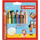 Buntstift, Wasserfarbe & Wachsmalkreide - STABILO woody 3 in 1 - 6er Pack mit Spitzer - mit 6 verschiedenen Farben