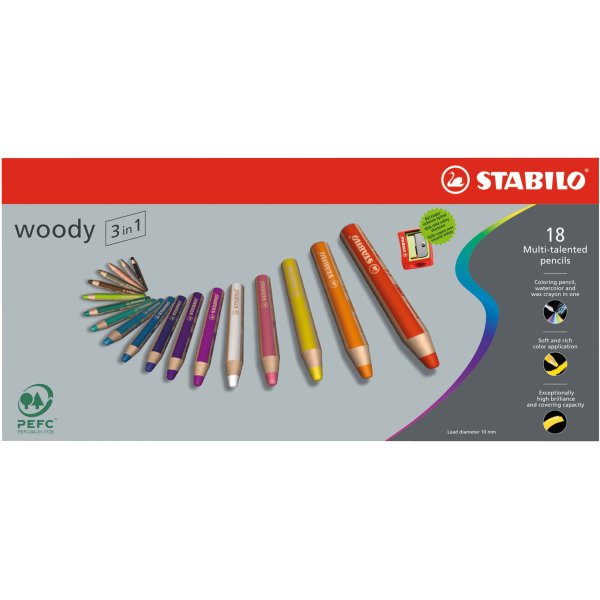 Buntstift STABILO woody 3 in 1-18er Pack mit S Wasserfarbe & Wachsmalkreide