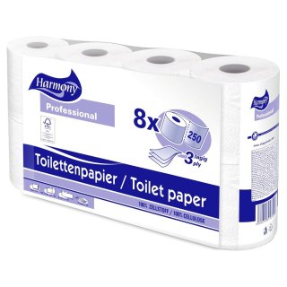 Toilettenpapier 3-lagig Harmony Professional, 250 Blatt, 8 Rollen
